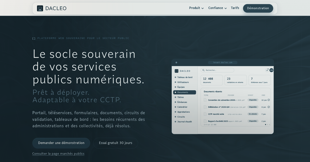 Dacleo - Plateforme web souveraine pour le secteur public, prête à déployer