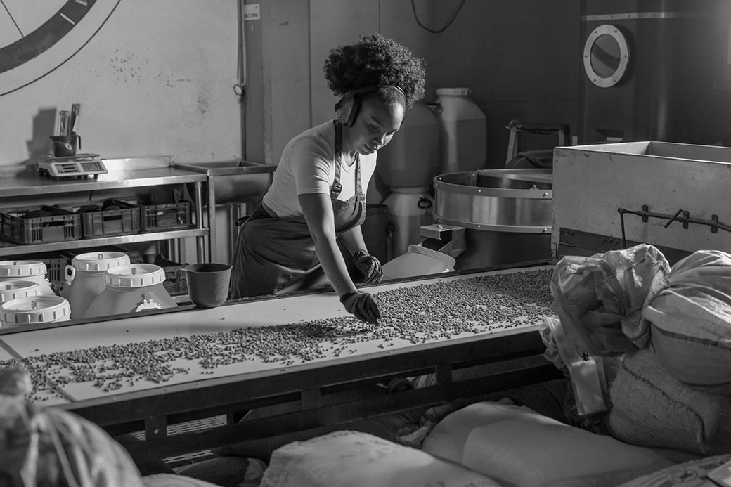A worker sorting material by hand on a production line - careful attention applied to real work, step by step.